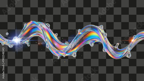 Chromatic Splash Wavy Fluid Glass Ribbon with Drips and Iridescent Rainbow Light Effect Transparent