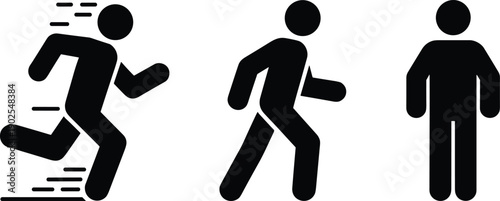 Human movement pictogram sequence, running walking standing stick figures, speed transition icons, black silhouette people, isolated on white background