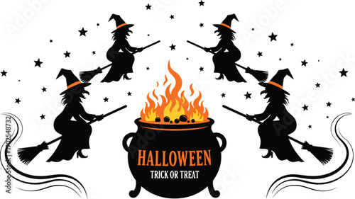 Halloween witches circle around magic cauldron with fire stars spooky ritual night trick or treat vector illustration design