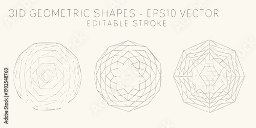 Three dimensional geometric shapes in a line art vector illustration