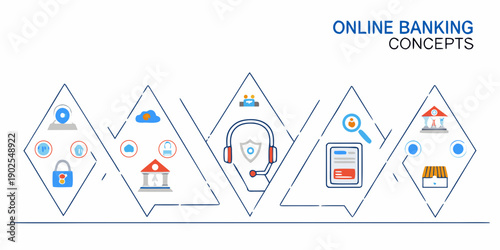 Online banking concepts illustrated with geometric shapes and icons