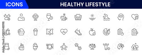 Healthy lifestyle icon set. Contains Icons for diet, exercise, sleep, running, routine, gym, nutrition, cardio exercises, sports supplements, yoga, self-care, culture, and hobbies.