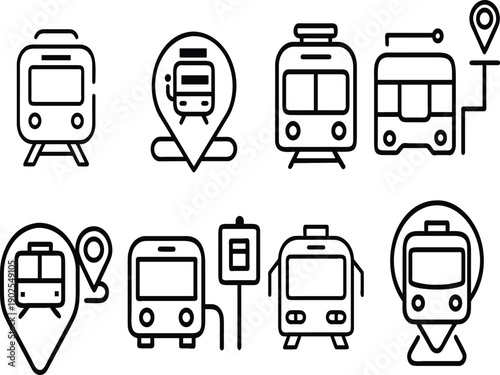 Comprehensive collection of line art illustrations depicting a modern public transport bus from multiple detailed perspectives including front, side, and rear views, ideal for design