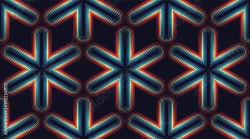 Seamless pattern. Abstract geometric background with a pattern in the shape of fractal stars or snowflakes. Shining effect. Vector illustration for textile printing, packaging, wrapper, etc.