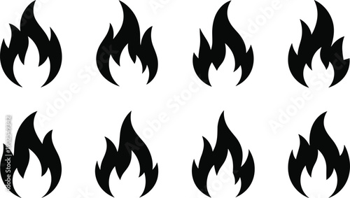 Black flame icons collection, fire symbol variations, minimal burning shapes, heat danger graphics, abstract fire signs, isolated vector set