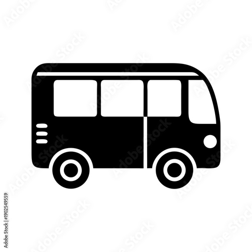 A simple black and white graphic of a bus viewed from the side.
