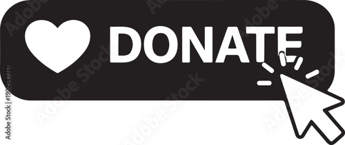 A cursor clicks on a black donate button with a red heart symbol. isolated on white background, illustration