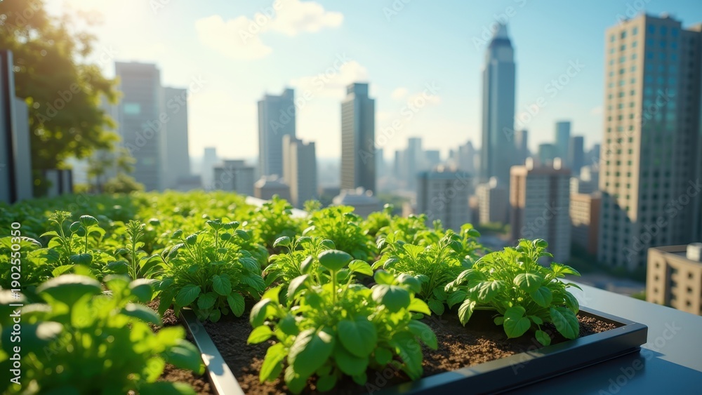 Fototapeta premium Urban smart garden rooftop installation, city farming technology, automated irrigation sensors, metropolitan agriculture, vertical urban greening, IoT garden monitoring