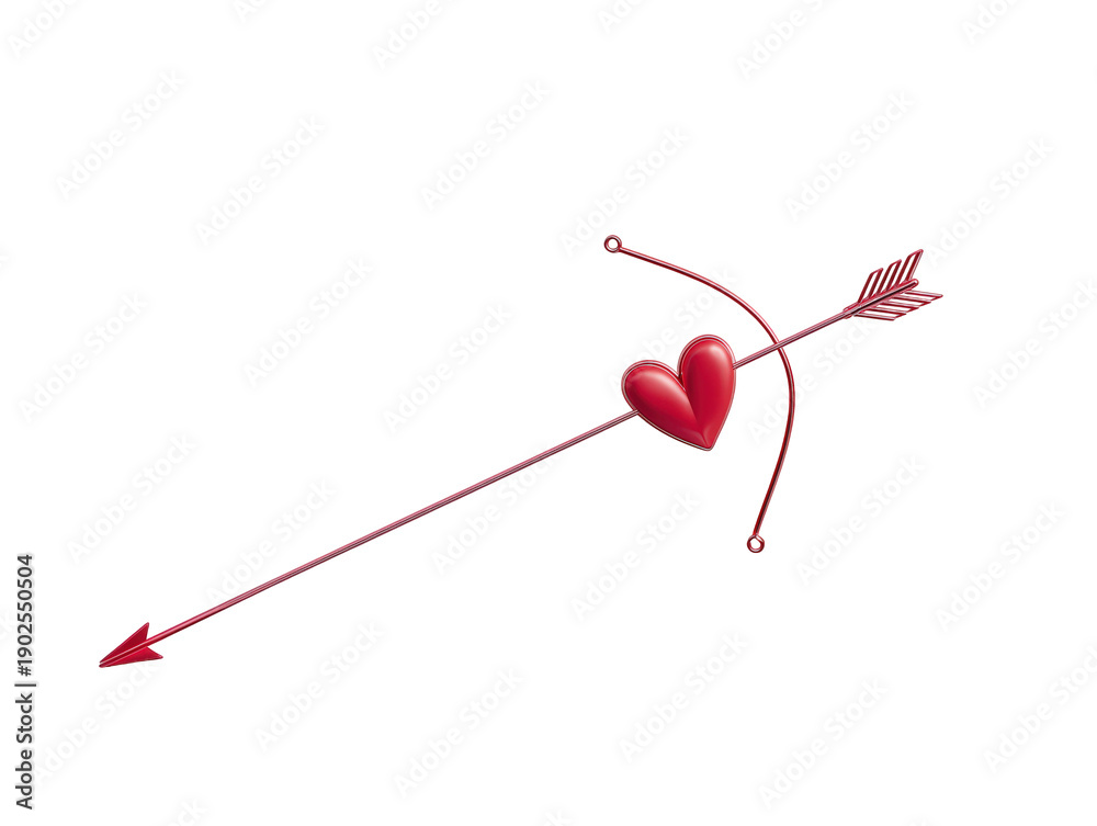 Fototapeta premium A striking 3d rendering of cupid's arrow piercing a vibrant red heart with a drawn bow on transparent background