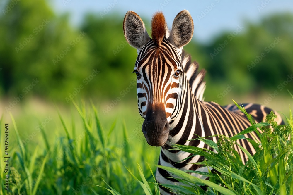 Fototapeta premium Happy Zebra in Lush Grassland Captured in Front Facing Self-Portrait Style