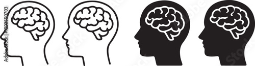 Human head with brain icon set showing line art and silhouette design Illustration of human profiles with different brain activity levels isolated on white background, illustration