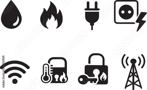 Assorted icons representing various technological and environmental concepts isolated on white background, illustration