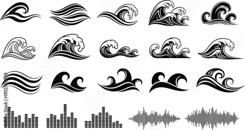 Abstract ocean wave and sound waveform vector set featuring water splash icons, audio equalizer bars, marine design elements, modern blue graphic collection