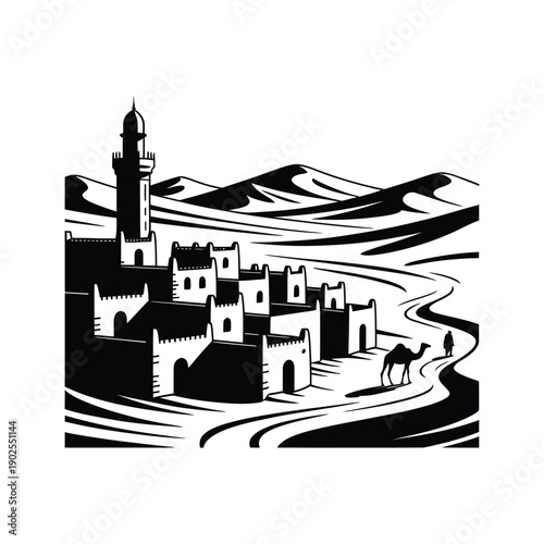 A striking black and white illustration depicts a hilltop village with a lighthouse a camel and stylized desert landscapes high-quality.