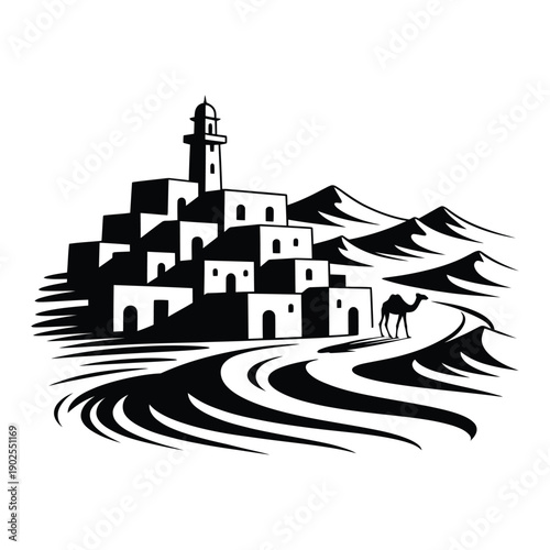A striking black and white illustration depicts a hilltop village with a lighthouse a camel and stylized desert landscapes high-quality.