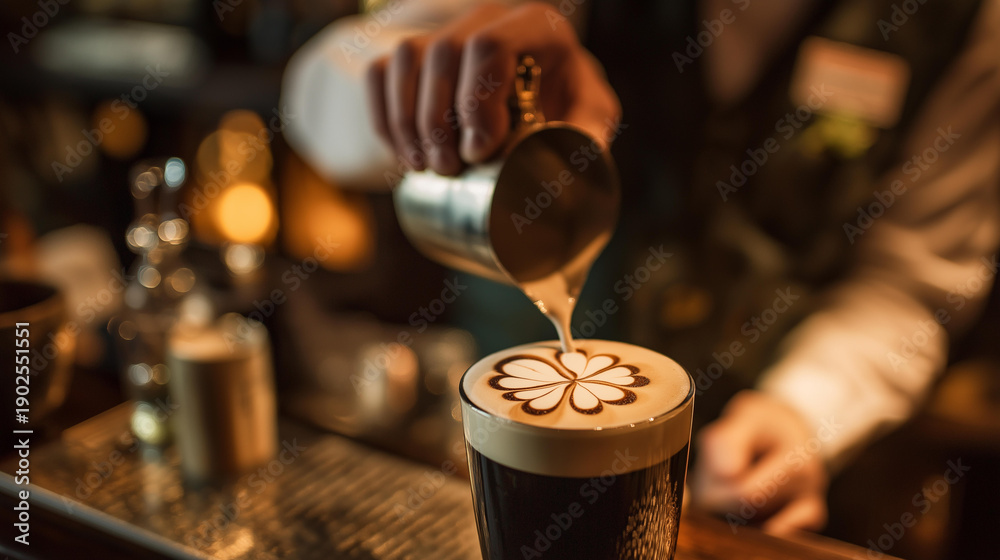 Obraz premium Bartender pouring guinness with shamrock foam art design, dublin temple bar pub, over-shoulder shot, warm interior lighting, editorial style, beer foam shamrock shape, irish pub