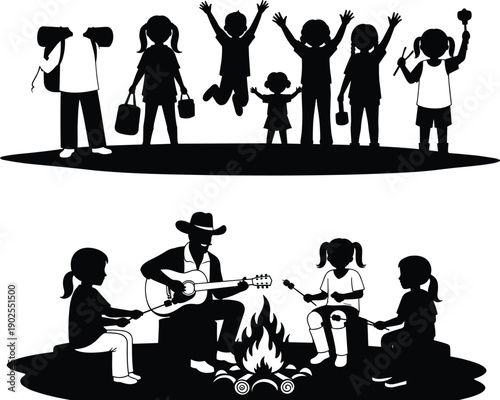 Black silhouettes of a family hiking with backpacks and children sitting around a campfire roasting marshmallows on white background, vector - flavector
