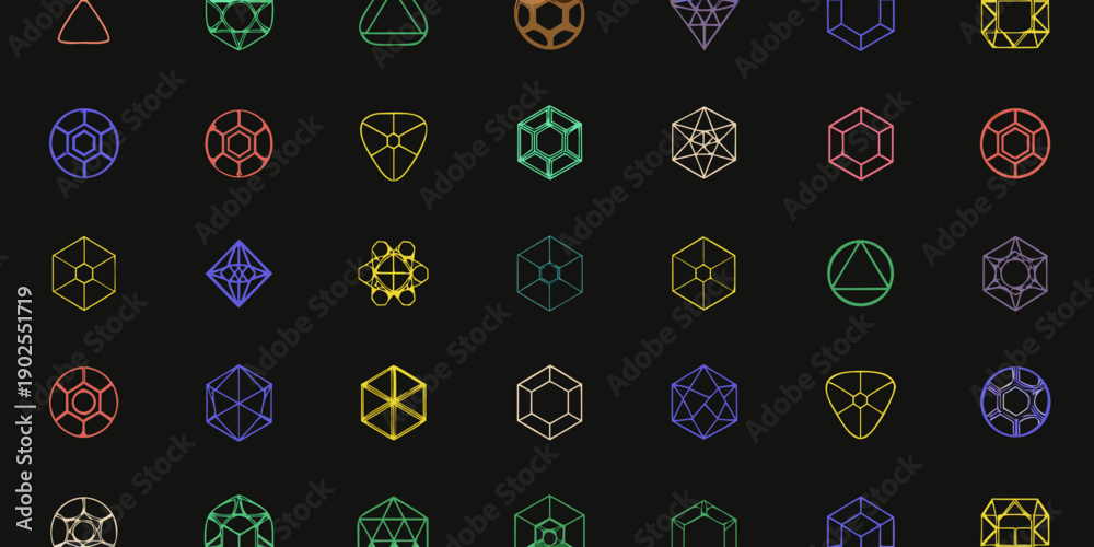 Obraz premium Colorful geometric shapes and wireframe icons arranged in a dark grid