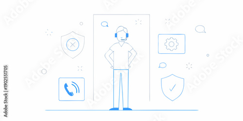 Customer support representative with security and communication icons displayed around them