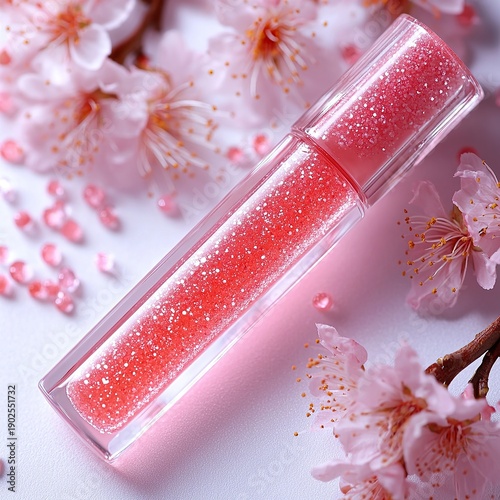 Shiny pink lip gloss styled with flowers, beauty cosmetic isolated on white background