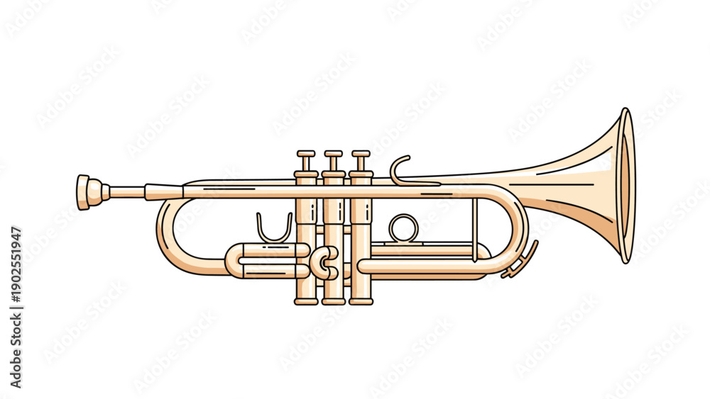 Obraz premium Detailed illustration of a brass trumpet musical instrument with its valves and bell, isolated on a white background for music themes.