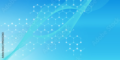 Abstract medical background DNA research, molecule, genetics, genome, DNA chain. Genetic analysis art concept with hexagons, waves, lines, dots. Biotechnology network concept molecule, vector.