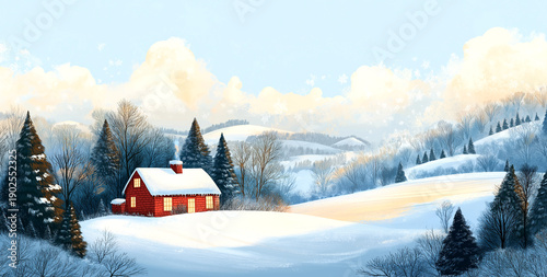 A picturesque winter landscape with a cozy red barn nestled among snow-covered trees