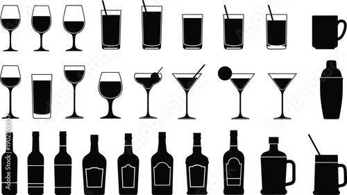 Alcohol drink and glass silhouette set featuring wine, cocktails, bottles and barware icons in clean black minimalist style