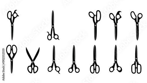 Silhouettes of various types of scissors used for sewing, hair styling, and general utility, isolated on a white background for design.