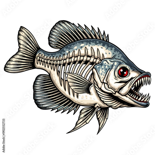 Skeleton fish crappie with red eye and sharp teeth illustration