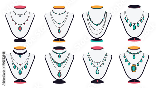 Beautiful collection of elegant necklaces with precious stones and pendants displayed on jewelry busts for retail and luxury themes.