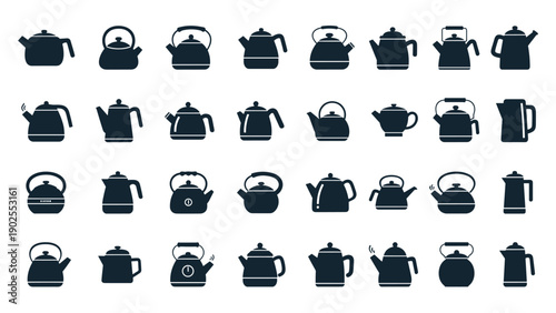 Diverse set of tea and coffee pot silhouettes featuring traditional and modern designs for kitchenware and beverage illustrations.