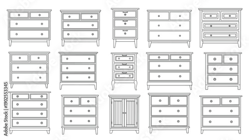 Comprehensive collection of various chest of drawers and dressers in different styles for interior design and home furniture planning.
