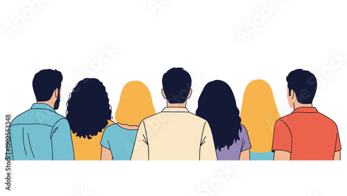 Back view of a group of six diverse men and women standing together in a line against a plain white background for social themes.