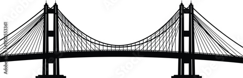 Modern suspension bridge silhouette illustration isolated on white background, architectural infrastructure design symbol, urban transportation landmark, minimal vector artwork for engineering, 