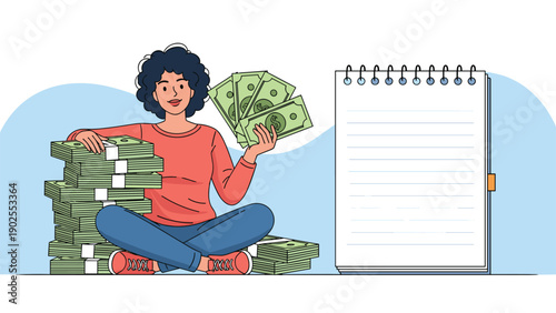 Young woman sitting cross-legged next to stacks of money and a large blank spiral notepad on a blue background for financial goals.