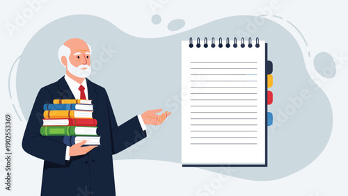 Senior businessman with white hair and beard holding books and pointing to a large blank notebook page on a light grey background.