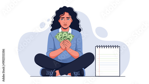 Worried woman sitting cross-legged while holding a small amount of money next to a large blank notepad for financial planning.