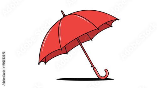 Simple red umbrella with a black handle shown at an angle against a pure white background in a minimal flat graphic style.