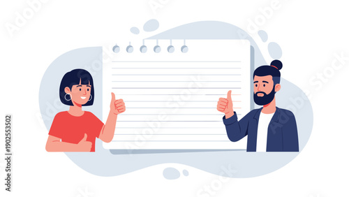Diverse couple giving a thumbs up gesture while standing on either side of a large blank notebook page for feedback.