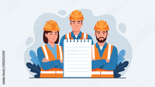 Group of three construction workers in safety gear standing behind a large blank spiral notebook for project notes.