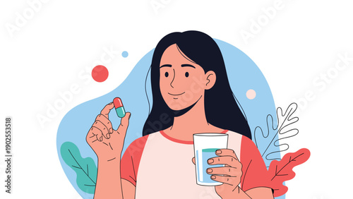 Content woman holding a red and blue pill in one hand and a glass of water in the other for health and medication.
