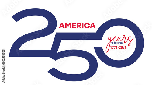 America 250 years of freedom celebration logo with red and blue text