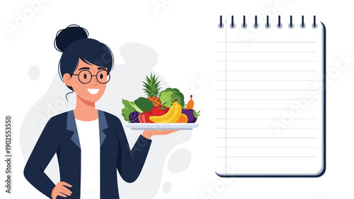 Smiling nutritionist holding a tray of fresh fruits and vegetables next to a blank notebook for healthy meal planning.