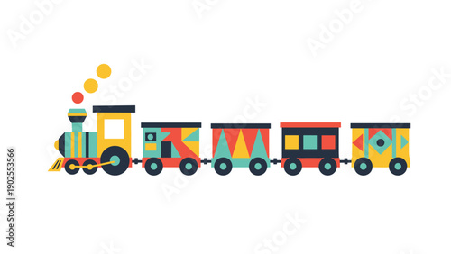 Cheerful and colorful toy train with various patterned carriages and a steam engine designed for children and playful themes.