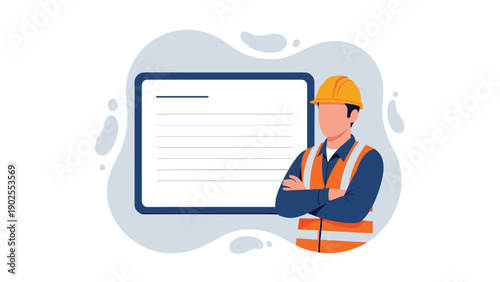 Anonymous construction worker wearing a hard hat and safety vest standing with arms crossed in front of a tablet.