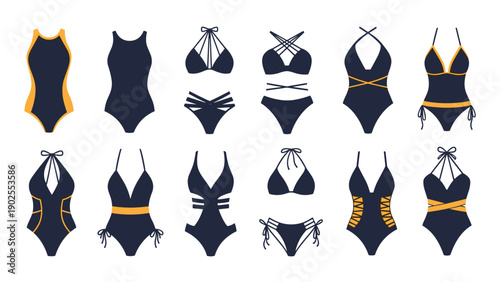 Stylish collection of women swimwear including one piece suits and bikinis in navy blue and orange colors for summer holidays.