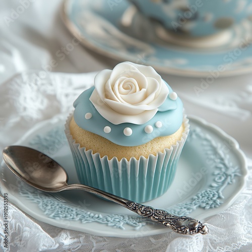 Cute pastel cupcake with floral decoration, sweet dessert isolated on white background