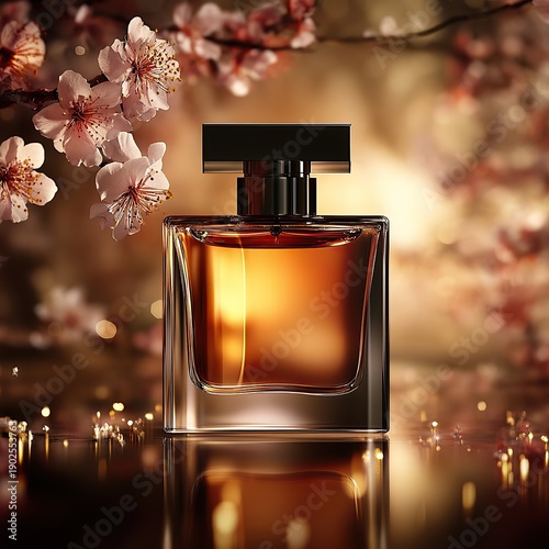 Elegant perfume bottle surrounded by flowers, romantic luxury fragrance isolated on white background
