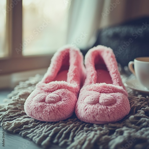 Warm and cozy pink slippers for home comfort, lifestyle footwear isolated on white background